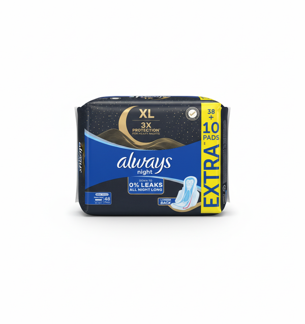 Always Night All Night Long Maxi Thick Sanitary Pads with Wings, Clean & Dry, 48 Count