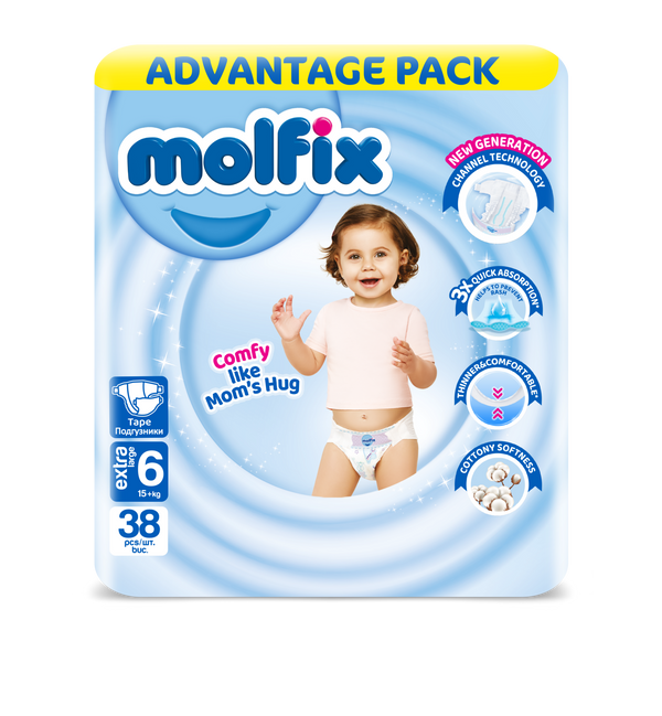 Molfix Baby Diapers Size 6 Mega Pack, 38 Diapers, Soft Cottony Texture, Breathable Channel Technology