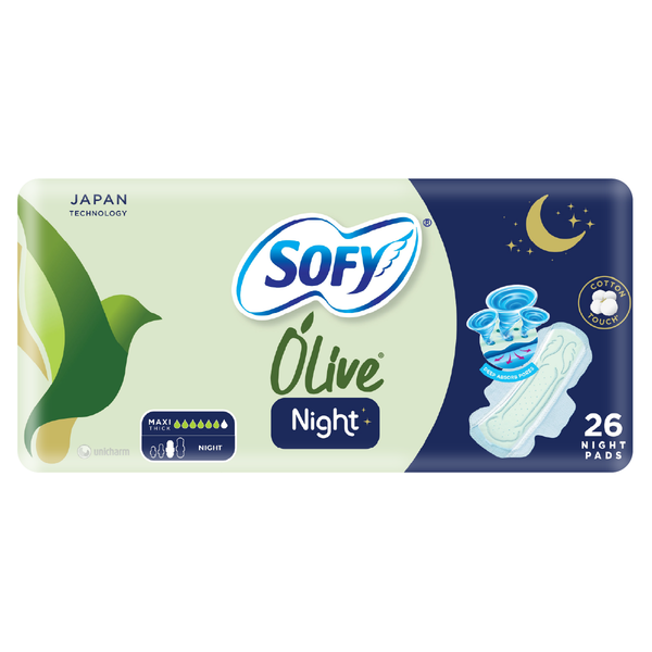 Sofy Olive Night Sanitary Pads, Olive Oil Moisturizer, Individually Wrapped, 26 Pieces