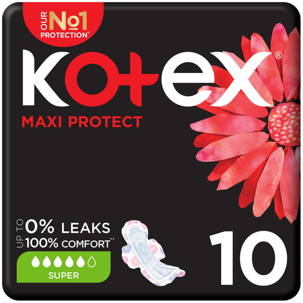 Kotex Maxi Protect Thick Sanitary Pads With Wings, Soft Top Cover, 10 Pads