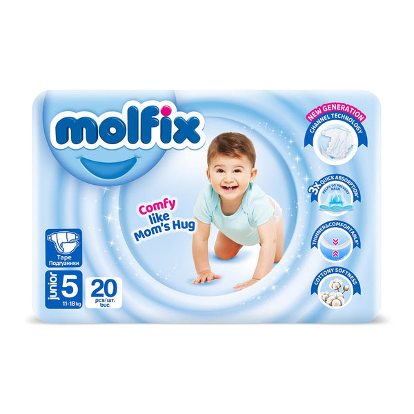 Molfix Baby Diapers Size 5 Jumbo Pack, 20 Diapers, Soft Cottony Texture