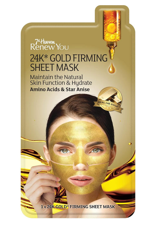 7th Heaven Renew You 24K Gold Firming Sheet Face Mask with Amino Acids, 33 g