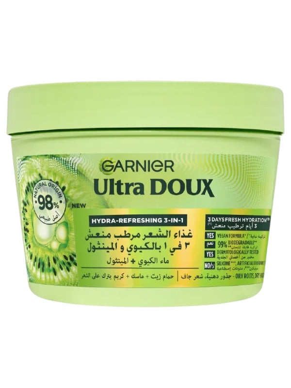 Garnier Ultra Doux Hair Food 3-in-1 Kiwi and Menthol Hair Treatment 390 ml
