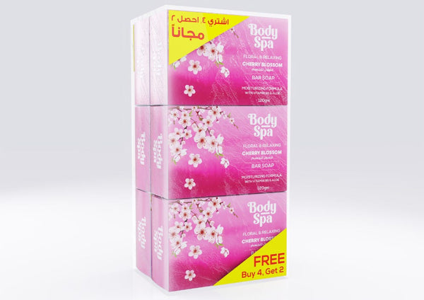 Body Spa Cherry Blossom Bar Soap Floral Fragrance Vitamin B5 & Aloe 6 Pieces, 120 g Each