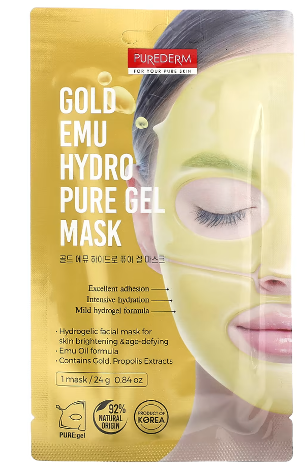 PUREDERM Gold Emu Hydrogel Face Mask for Dry Skin, 15-20 Minute Treatment