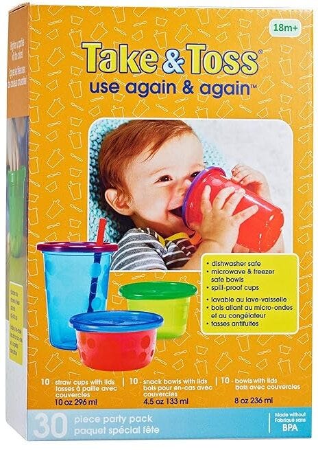 The First Years Take & Toss Party Pack Sippy Cups Bowls Snack Containers 30 Pieces