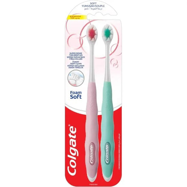 Colgate Foam Dense Soft Toothbrush 2-Pack, Soft Bristles, Foam Cleaning Technology