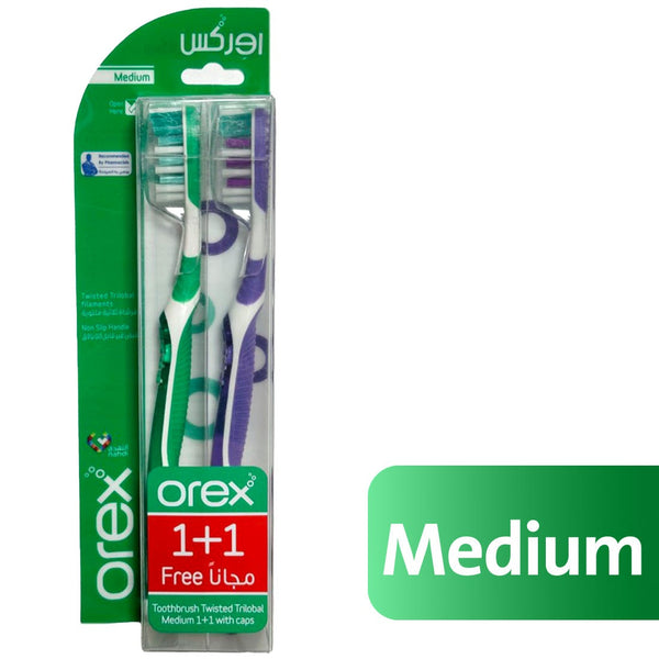 Orex Twisted Trilobal Medium Toothbrushes, Ergonomic Non-Slip Handle, Purple and Green, 1+1 Pack