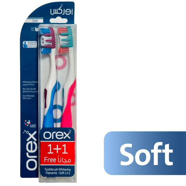 Orex Toothbrush Soft Brightening Filaments Non-Slip Handle Blue and Red 1+1