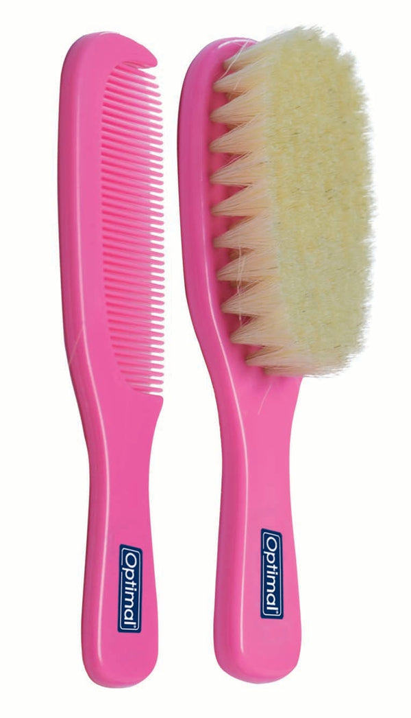 Optimal Baby Brush and Comb Set Pink Natural Bristles Rounded-Edge Comb