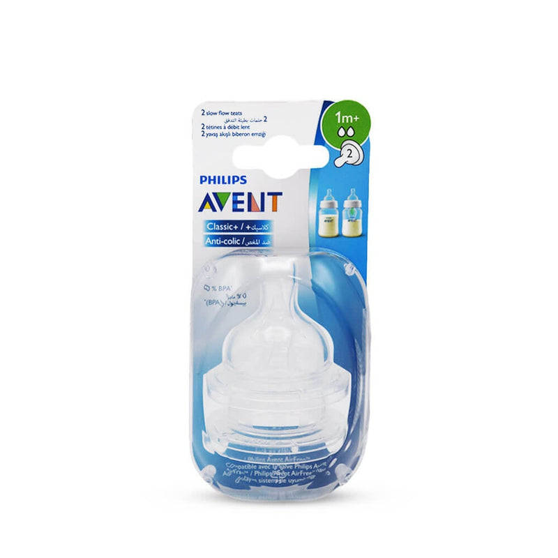 Philips Avent Classic+ Baby Bottle Nipples Slow Flow Anti-Colic 1+ Month 2 Pieces