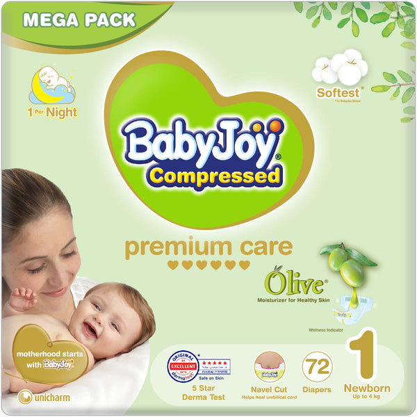BabyJoy Olive Premium Diapers Size 1 Up to 4 kg Olive Oil 72 Pieces