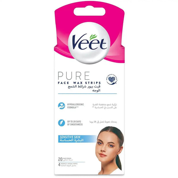Veet Pure Sensitive Face Wax Strips Facial Hair Removal Hypoallergenic 20 Strips + 4 Wipes