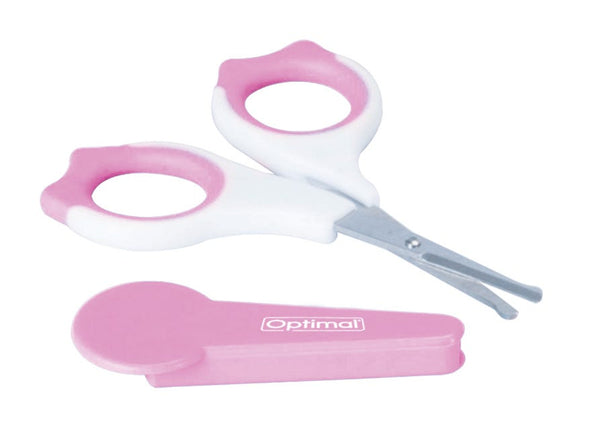 Optimal Baby Nail Scissors Pink, Rounded Safety Tips, Straight-Cut Blades, Protective Cover