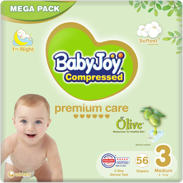 BabyJoy Olive Premium Baby Diapers Size 3, Olive Oil Moisturizer, 56 Count