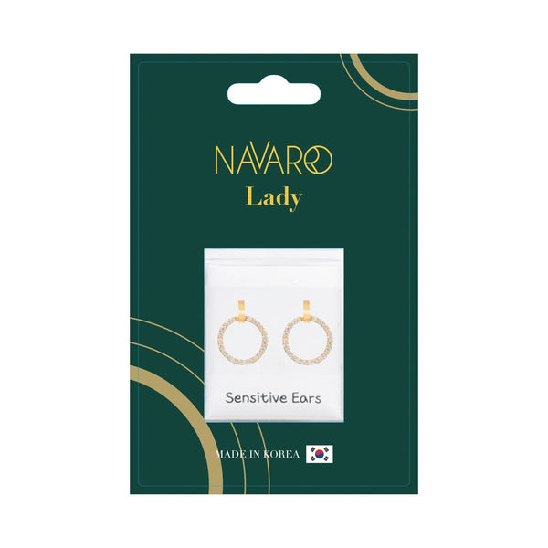 Navaro Earrings NEL-G028 Round Zircon Rhodium-Coated Hypoallergenic