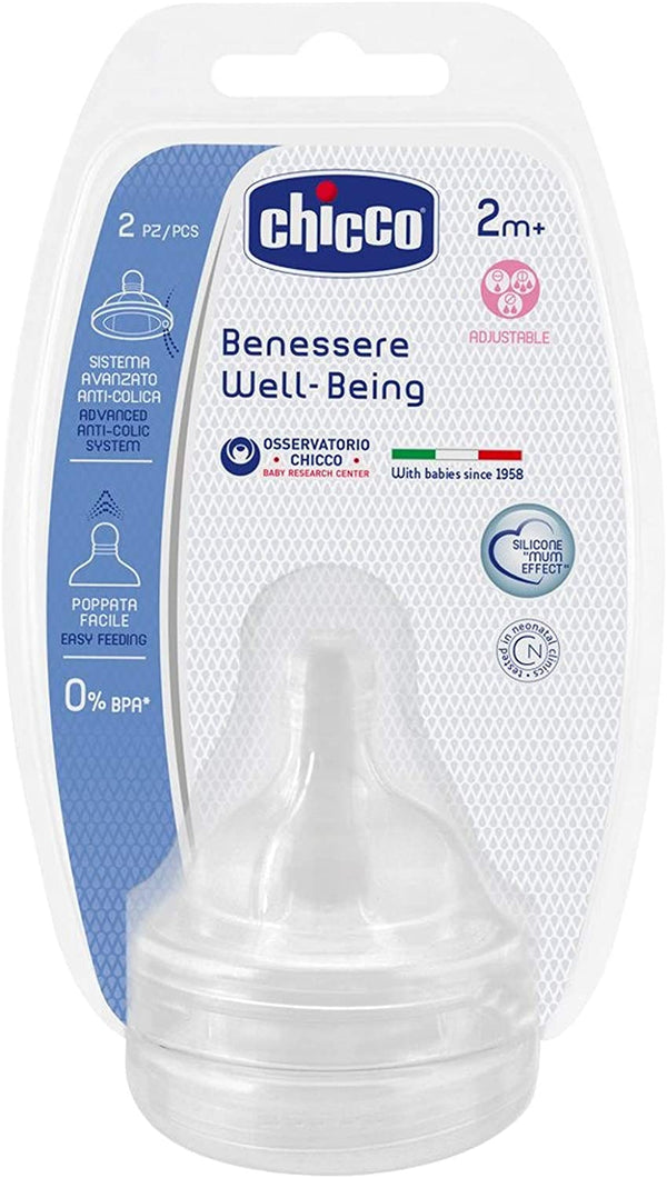 Chicco Well-Being Silicone Teats with Anti-Colic Valve, White, 2 Pieces
