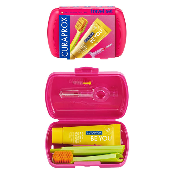 Curaprox Oral Care Essential Travel Set Magenta Toothbrush Toothpaste Interdental Brushes