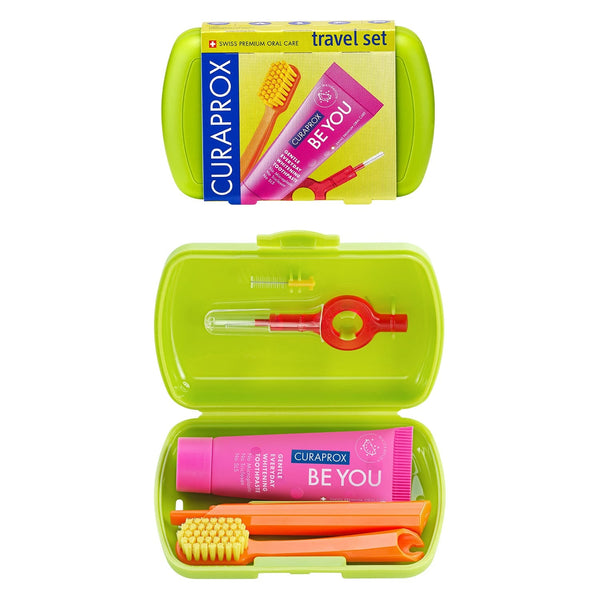 Curaprox Oral Care Essential Travel Set Green, Travel Toothbrush, Toothpaste and Interdental Brushes