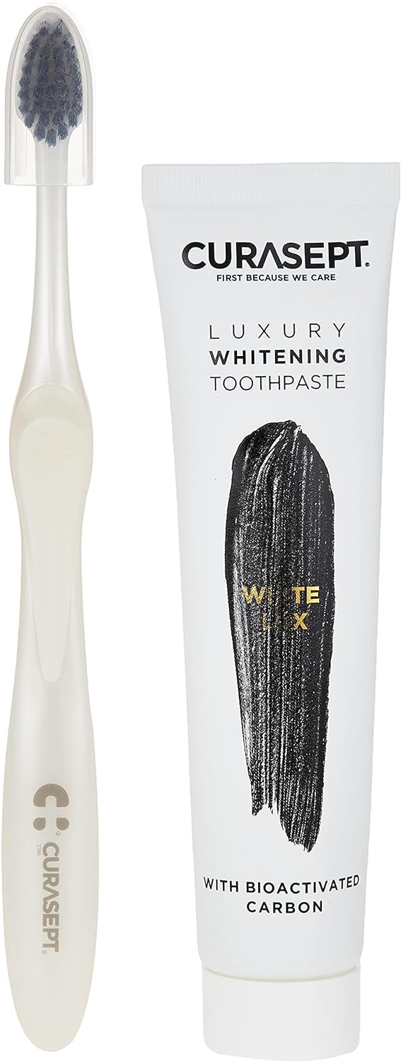Curasept White Luxury Toothpaste and Charcoal Toothbrush Set, Bioactive Charcoal, Hydroxyapatite, 75ml