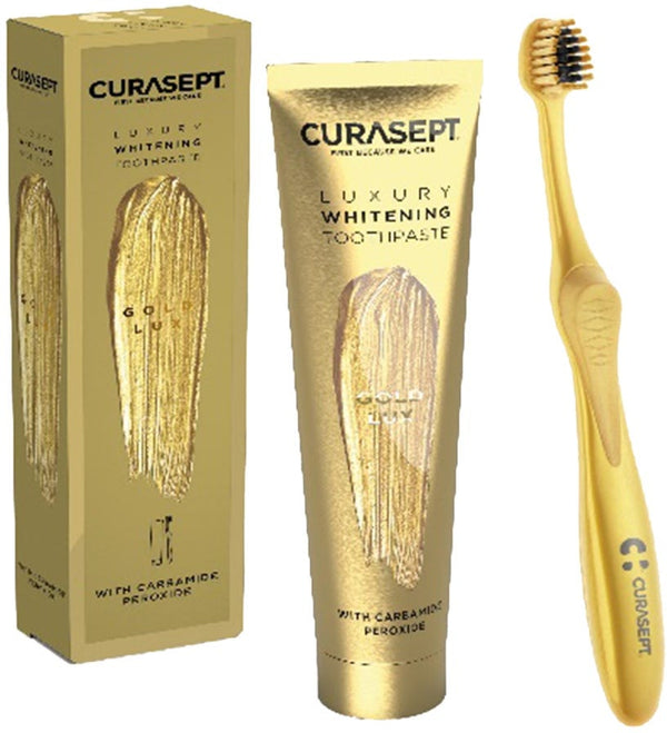 Curasept Gold Luxury Brightening Toothpaste and Charcoal Toothbrush Kit