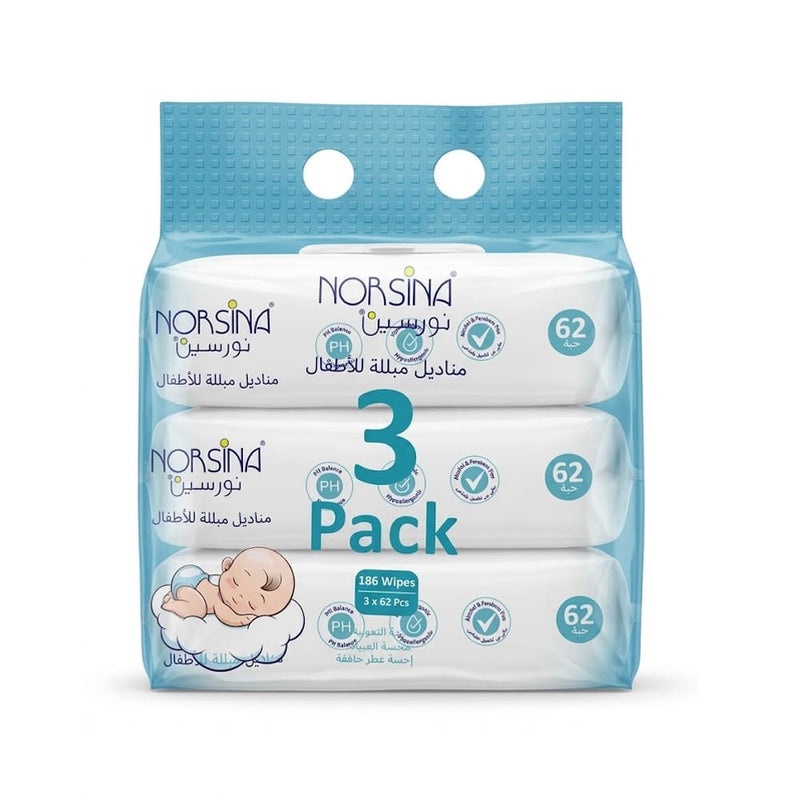 Norisina Baby Wipes Moisturizing Gentle Cleansing 3 Packs x 62 Wipes