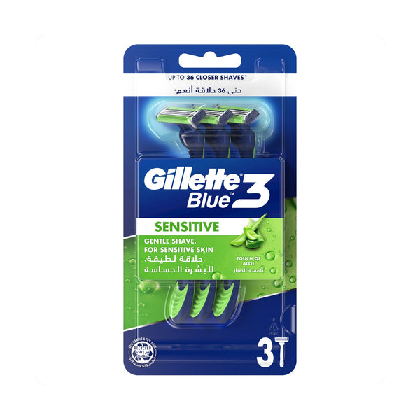 Gillette Blue3 Sensitive Disposable Razors Hydrating Gel Strip Rotating Head 3 Count