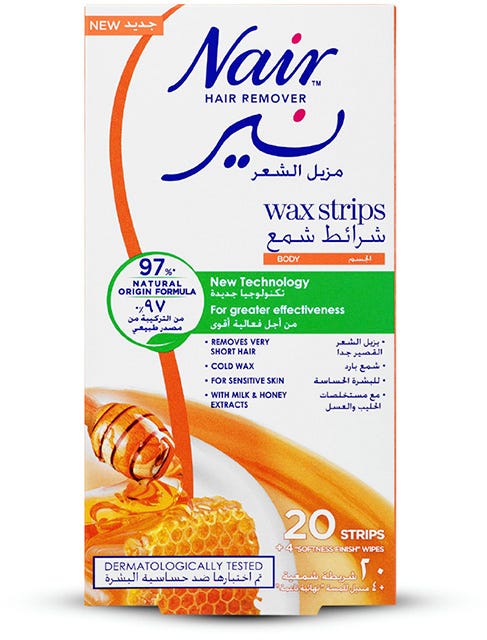 Nair Milk & Honey Cold Wax Strips for Sensitive Skin, 20 Strips with 4 Post-Wax Wipes