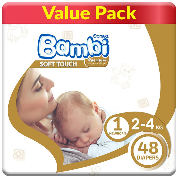 Bambi Size 1 Regular Baby Diapers, Absorbent Compressed Core, 48 Pack
