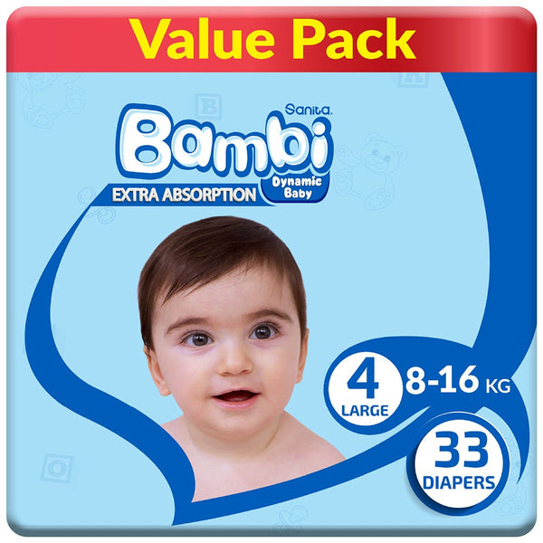 Bambi Baby Diapers Size 4 Regular Fit, Absorbent Compressed Core, 33 Count Value Pack