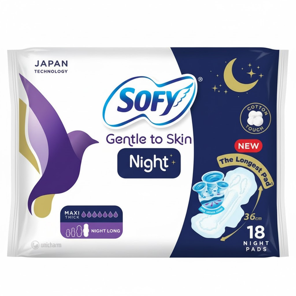 Sofy Night Comfort Maxi Thick Long Night Sanitary Pads, 18 Pieces