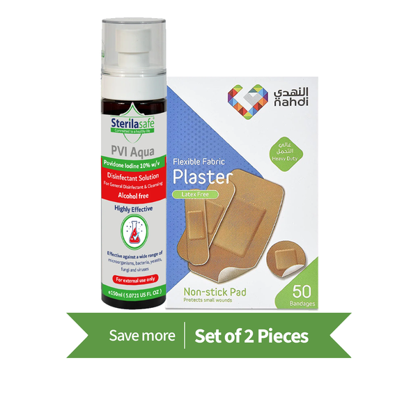 Sterilasafe PVI Aqua Disinfectant Solution 150 ml and Waterproof Wound Plasters 50 Pieces