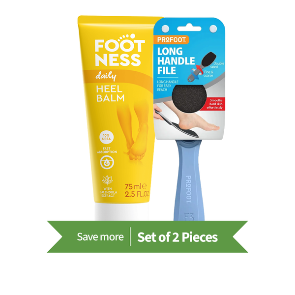 Footness Heel Balm Bundle with Profoot Long Handle Foot File, 10% Urea, 75 ml, 2 Pieces