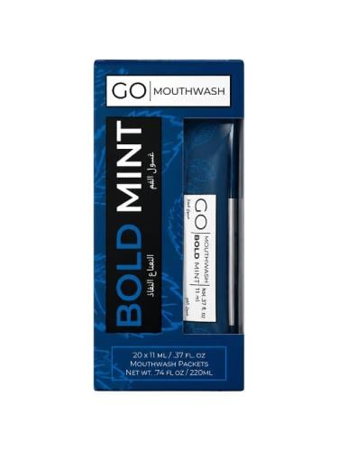 Go Mouthwash Bold Mint Flavor Single-Use Packets, Alcohol-Free Dye-Free, 20 Packets, 220 ml