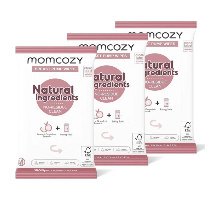Momcozy Natural Breast Pump Cleaning Wipes, Grapefruit Extract & Baking Soda, 30 Count Pack of 3