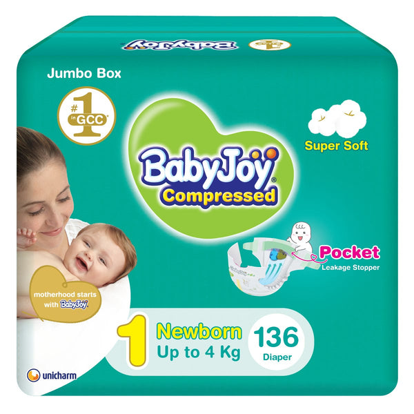 BabyJoy Tape Diapers Compressed Diamond Pad Newborn Size 1, 0-4 Kg, 136 Count