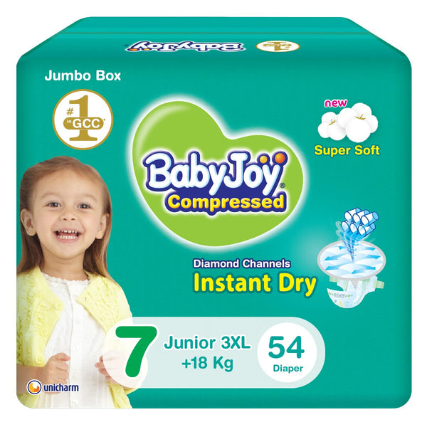 BabyJoy Compressed Diamond Pad Tape Diapers Size 7 Junior 3XL 18+ kg 54 Count