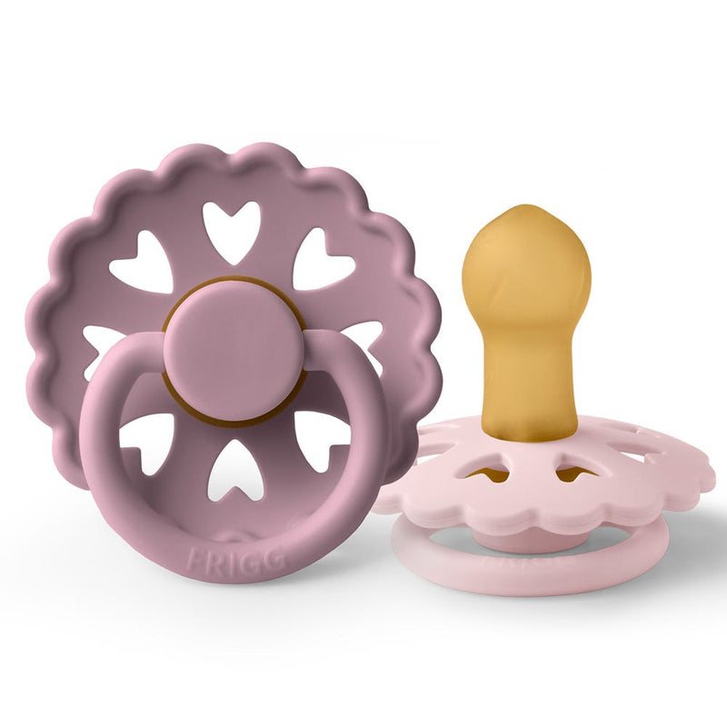 FRIGG Fairytale Latex Pacifiers Scalloped Heart Shield 0-6 Months Twilight Mauve/Lilac 2 Pack