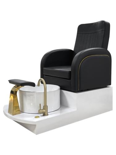 Salon System Embroidered Pedicure Chair With White Base, Ceramic Basin and Footrest, Black and White