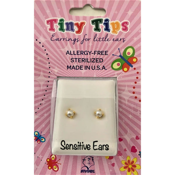 Tiny Tips Tt-4301 Gp Tiff 4mm White Pearl Gold-Plated Surgical Steel Earrings