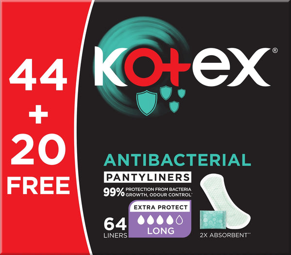 Kotex Antibacterial Long Panty Liners, Individually Wrapped, Fragrance-Free
