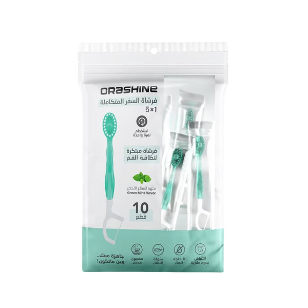 OraShine 5-in-1 Toothbrush with Mint Toothpaste, Floss, Tongue Scraper and Toothpicks, 10 Pieces