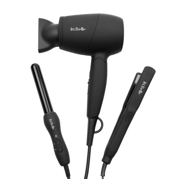 Labelle Mini Black Hair Styling Device Set, Hair Dryer Straightener Curler, Travel Pouch
