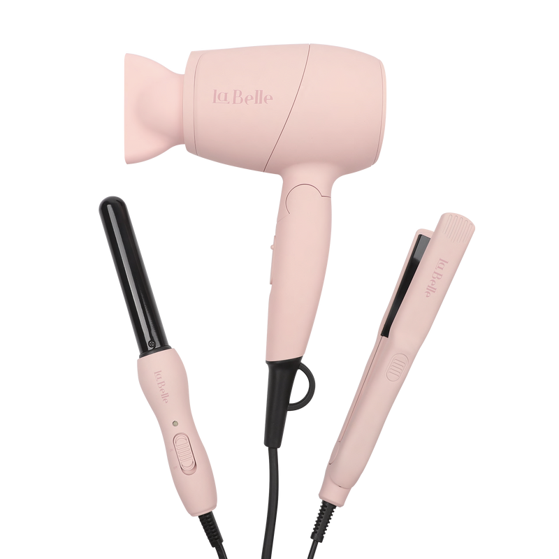 Labelle Mini Pink Hair Styling Tool Set, Hair Dryer Straightener Curler, Travel Pouch