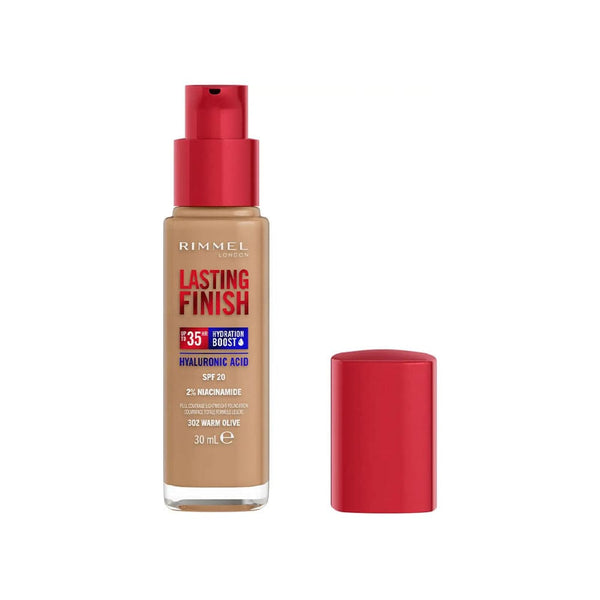 Rimmel London Lasting Finish 35 Hour Foundation Natural Finish Hyaluronic Acid Vitamin E Shade 302 Warm Olive 30 ml