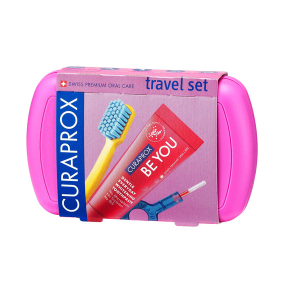 Curaprox Travel Set Pink Oral Care Kit with Travel Toothbrush and Interdental Brushes