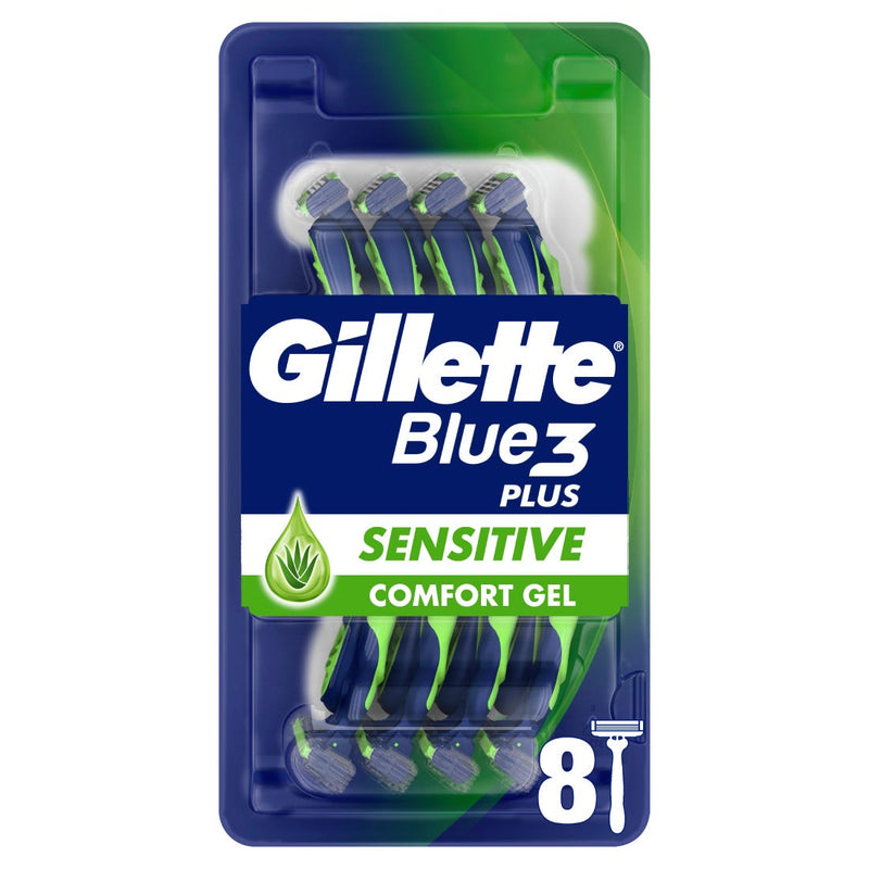 Gillette Blue3 Sensitive Disposable Razors Pivoting Head Enhanced Lubrastrip 6+2 Pcs