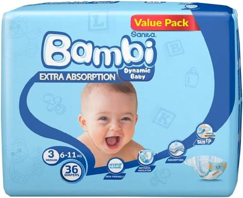 Bambi Size 3 Baby Diapers Value Pack, Soft Absorbent Design, 36 Count