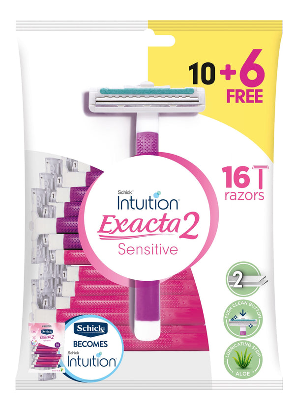 Intuition Exacta2 Sensitive Razors, 2 Ceramic-Coated Blades, Aloe Vera and Vitamin E, 10 + 6 Free