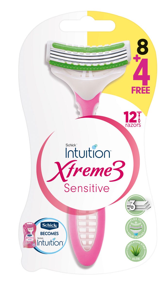 Intuition Xtreme3 Sensitive Women's Razors, 3 Blades, Aloe Vera and Vitamin E, 8 + 4 Free